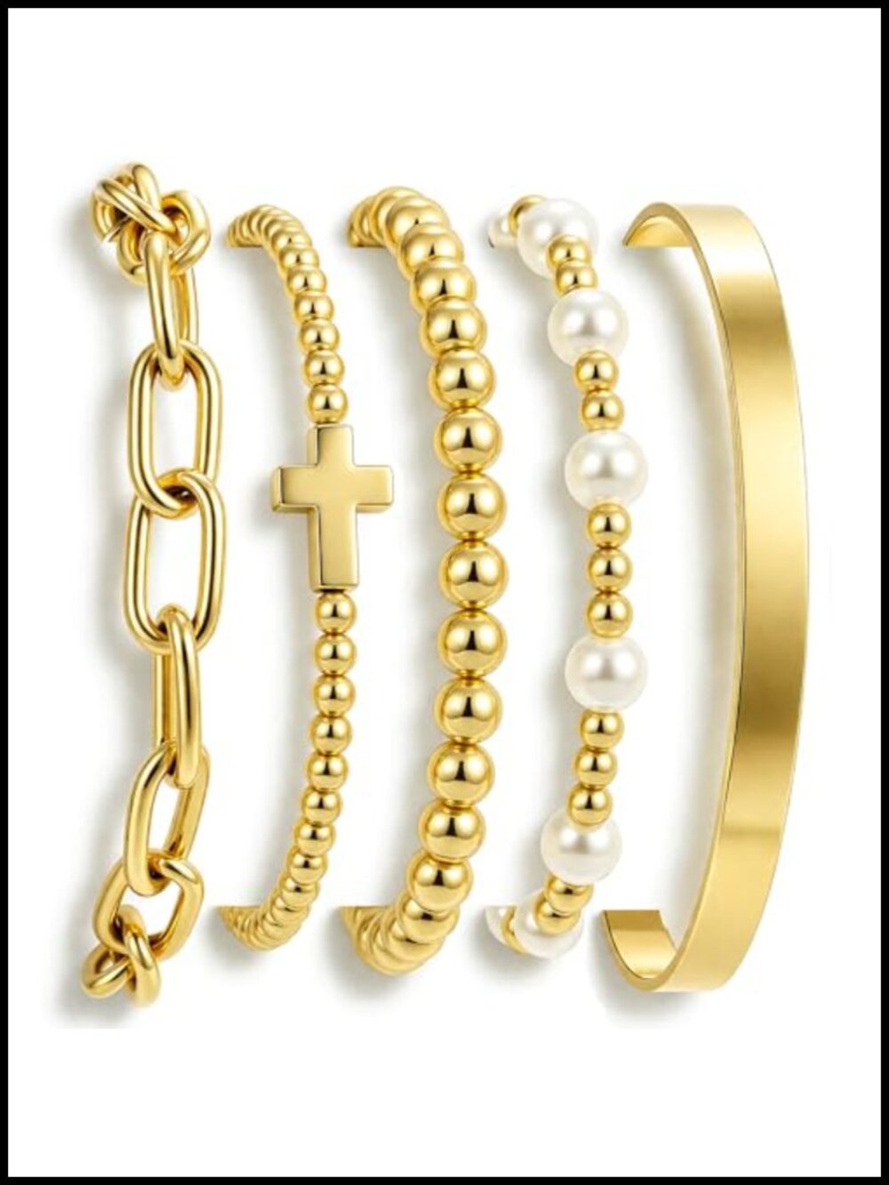 14K Gold Plated Beaded Bracelets Set for Women, Stretch Stackable Pearl Cross